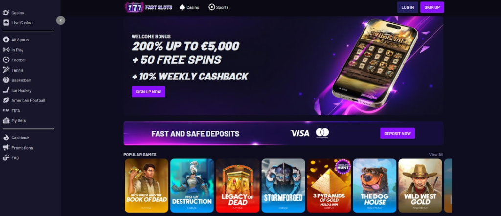 Screenshot of the 777 Fast Slots homepage with a banner promoting a welcome bonus: 200% up to €5,000, 50 free spins, and 10% weekly cashback. fast slots homepage screenshot showing its main menu with various gambling categories as well as a main welcome promotion
