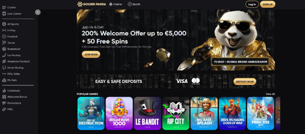 Screenshot of Golden Panda Casino homepage featuring a '200% Welcome Offer up to €5,000 + 50 Free Spins' banner and popular games like The Dog House and Big Bass Splash. golden panda home page snapshot with a main offer for new players and available crash gambling games
