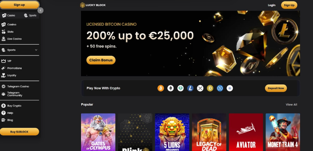 Promotional banner for Lucky Block, a licensed Bitcoin casino, showcasing a bonus offer of '200% up to €25,000 + 50 free spins.' Buttons labeled 'Claim Bonus' and 'Deposit Now' are present. lucky block crash game gambling homepage screenshot showing a generous welcome promotion and other available casino games to play
