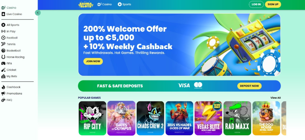 Screenshot of Samba Slots homepage displaying a '200% Welcome Offer up to €5,000 + 10% Weekly Cashback' banner with vibrant slot machine and poker chip imagery. samba slots homepage screenshot with a variety of crash gamble game variety